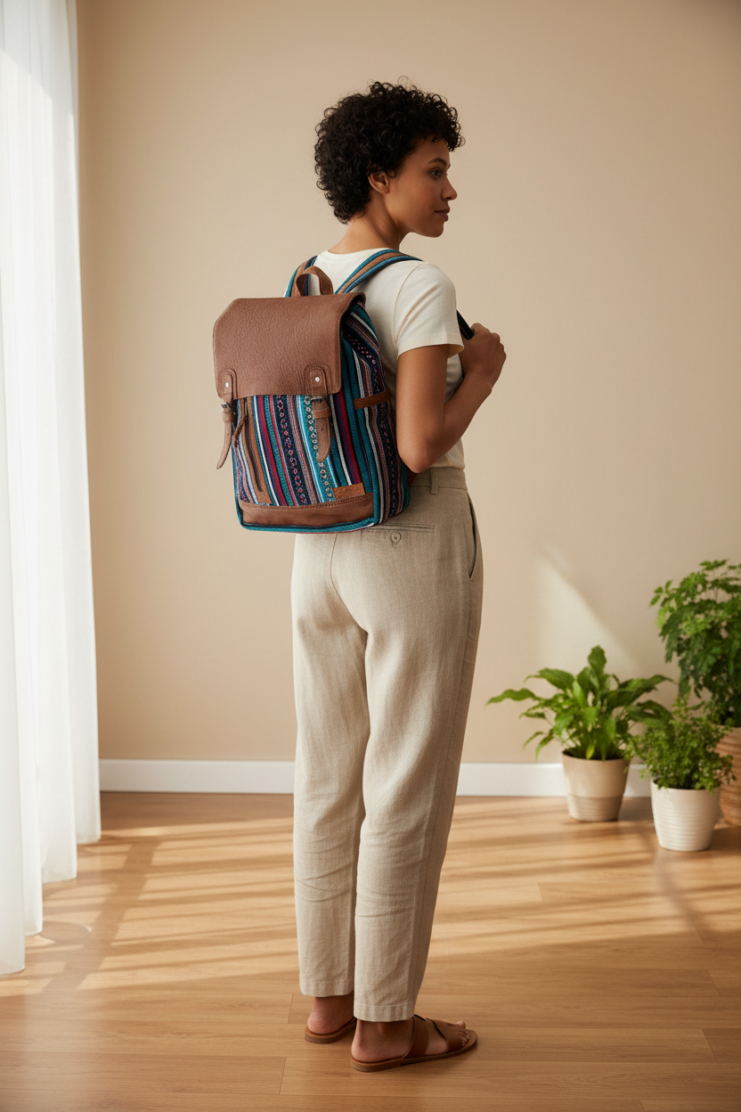 Model wearing the third colour-pattern backpack