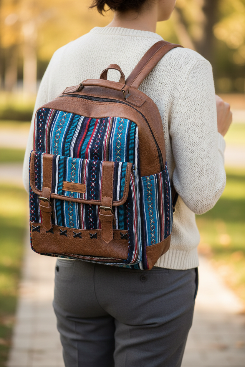 Model wearing the woven leather-trim backpack