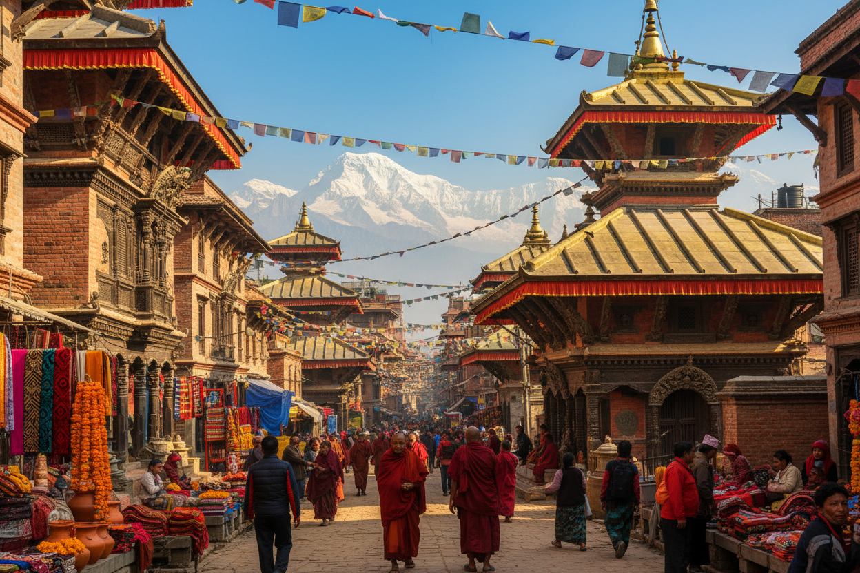 nepalese temples streets and mountains in the back ground with colourful vibe