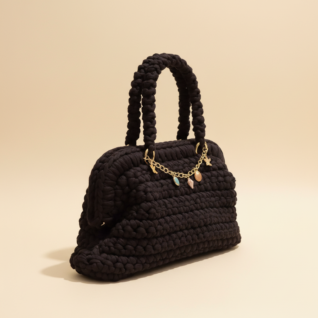 Side and back studio view of the black crochet handbag