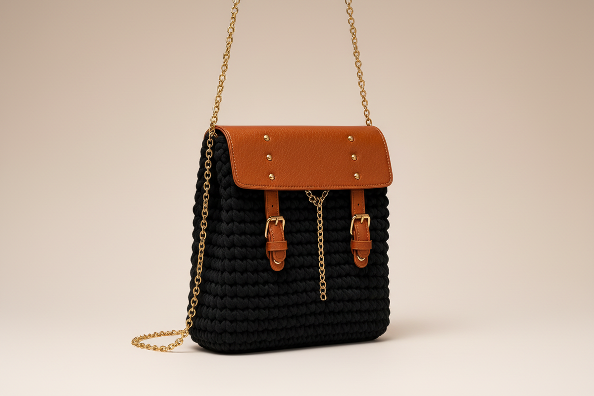 Studio angle of the crochet and leather shoulder bag