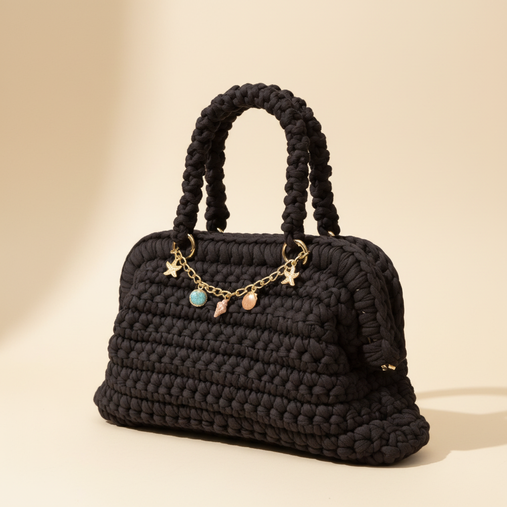 Three-quarter studio view of the black crochet charm-chain handbag