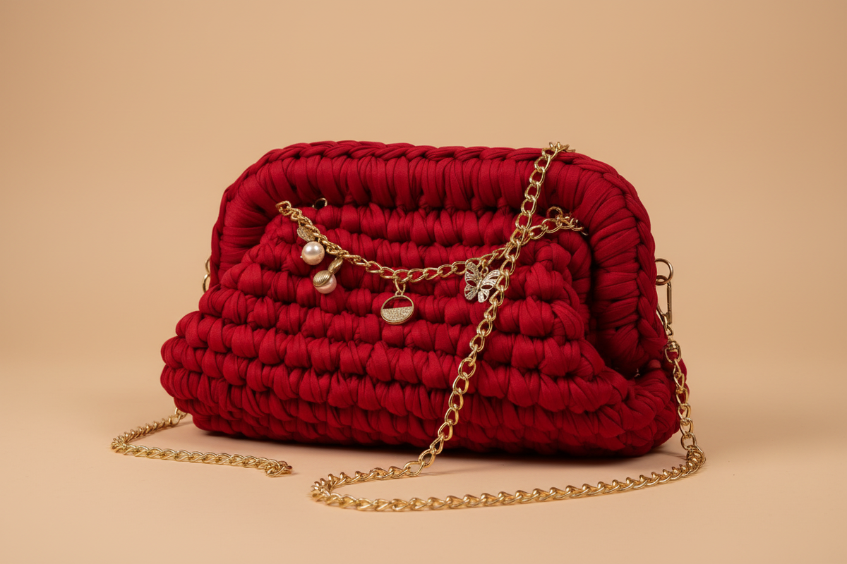 Three-quarter studio view of the red padded shoulder bag