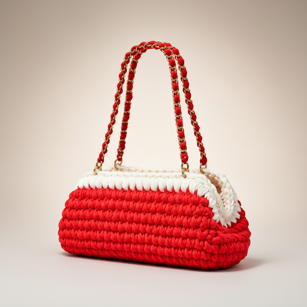 Three-quarter view of the red and white crochet handbag