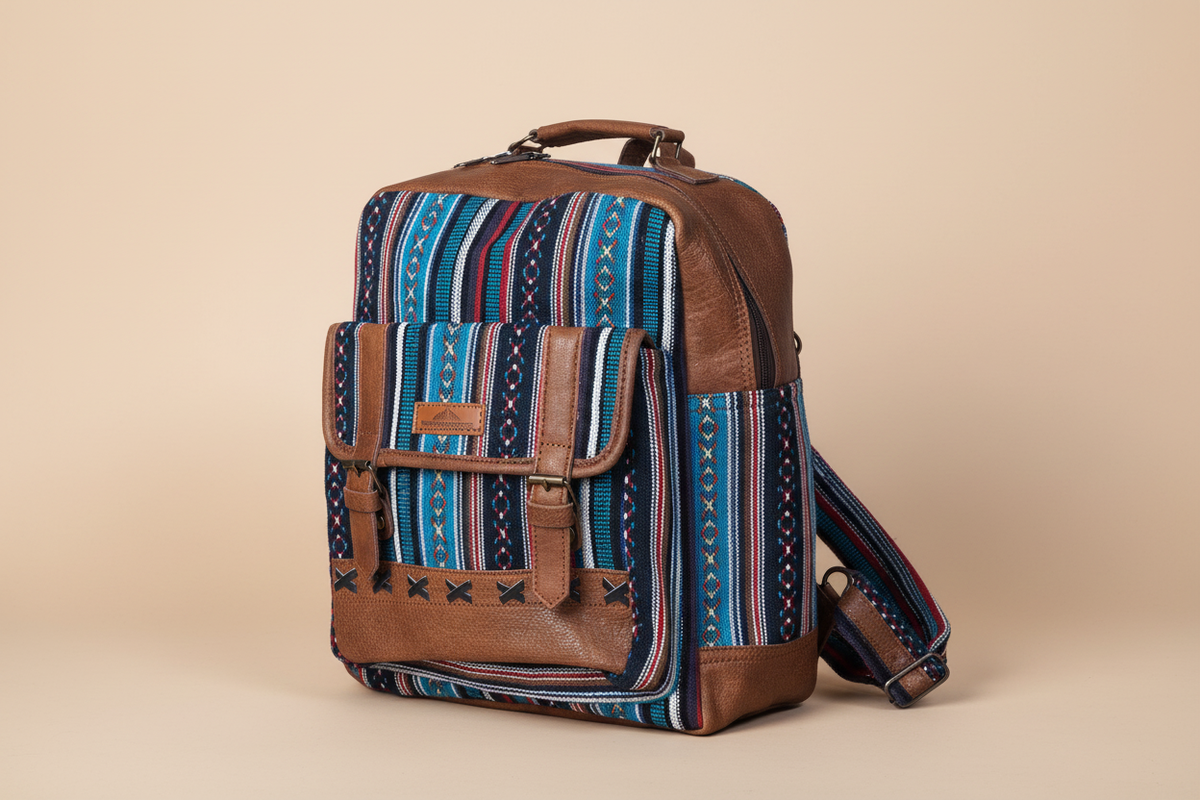 Three-quarter view of the woven leather-trim backpack